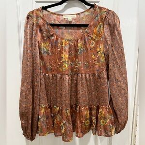 Farmers Market by One World Brown Metallic Long Sleeve Blouse